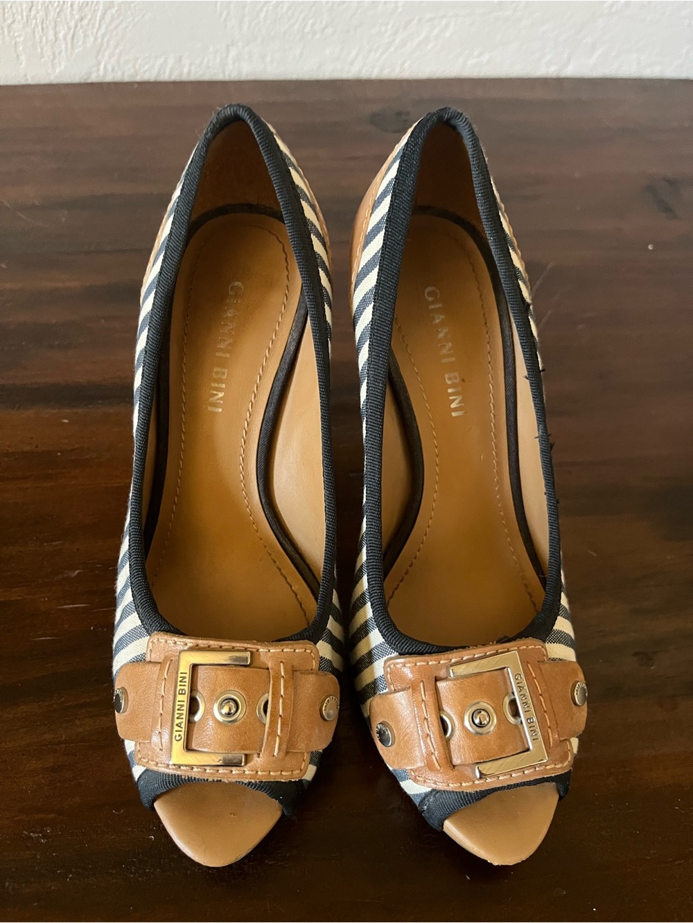Gianni Bini Navy and White Stripe Peep-Toe Heels with Tan Buckle